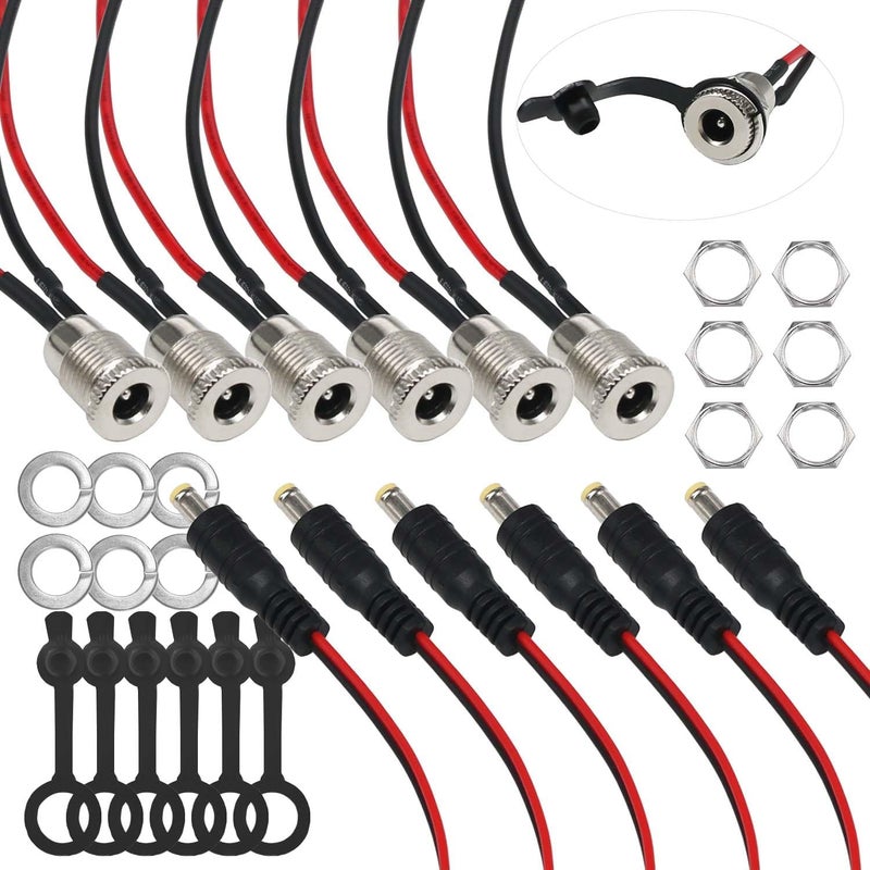 Tugermoola 6 Sets 5.5 x 2.1mm DC Power Jack Threaded Female Panel Mount Barrel Connector Adapter Kit with Cover Cap - Image 1